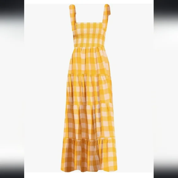 Women's yellow gingham summer boho flowy long dress Sz Large - Picture 1 of 8
